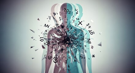 Abstract Depiction of a Human Figure Split into Overlapping Transparent Layers, Jagged Shards and Symbols Floating Between Them, Representing Internal Conflict of Identity in a Fragile, Dissociative A