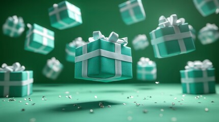 Teal gifts with white ribbons float against a matching background. Festive and fun!