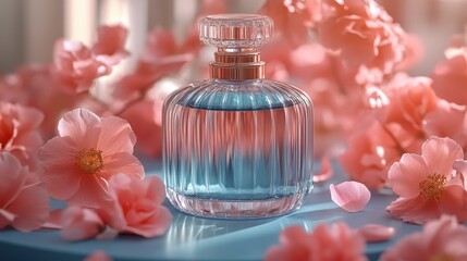 Fragrant bottle amid pink flowers, soft light