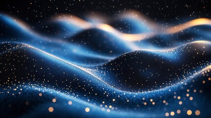 Wavy blue and gold surface speckled with dots resembles a celestial, digital, flowing space