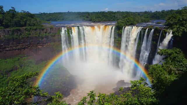 Majestic Waterfall with Rainbow in Canaima National Park