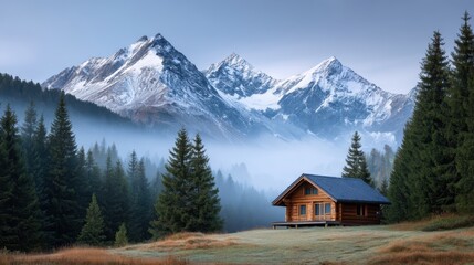 Cabin nestled in a valley with snow capped mountains and a forest in the background