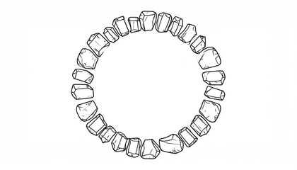 Obraz premium Black and white drawing of faceted geometric stones arranged in a circular pattern, ideal for design, logos, or spiritual themes.