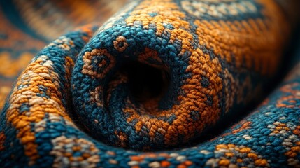 Rolled carpet shows intricate patterns and textured weave, featuring blue, orange, and cream