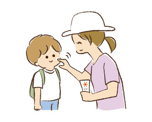 母親が子どもの顔に日焼け止めクリームを塗っているイラスト