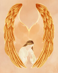 Woman with long hair praying under cover of the wings | Christian art illustration
