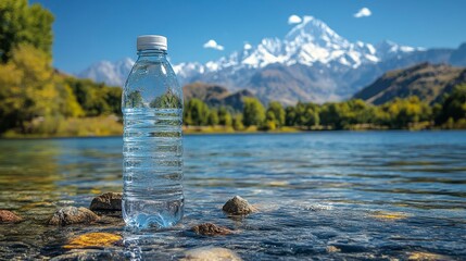 Water bottle against lake, trees, and mountain background under a bright, clear, sky