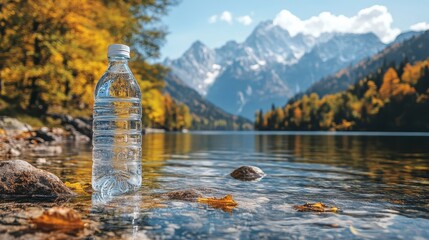 Bottle near lake with mountain backdrop