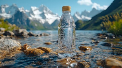 Clear bottle stands in water with scenic snowy mountains in the background