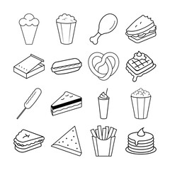 Monochrome fast food sketch vector set in line style