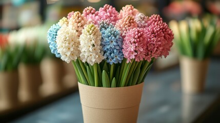 Colorful hyacinth bouquet in a tan container, blurring background in bright lighting