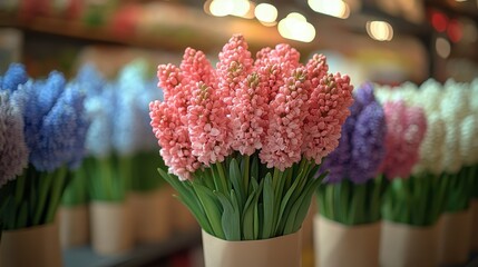 Colorful hyacinth flowers in pots, vibrant hues, and bokeh background creating a soft, inviting scene