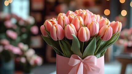 Bouquet of pink tulips with a bow