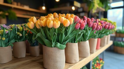 Tulip bunches in pots lining shelf, bright colors, indoor plant display, store showcase
