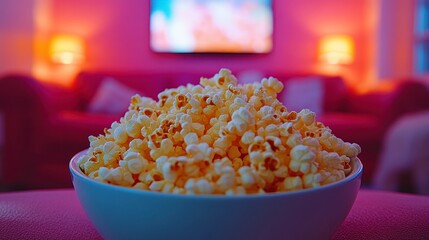 Popcorn bowl with blurred colorful living room background, lights and a TV screen