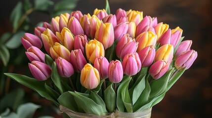 Vibrant tulips bloom in hues of pink and yellow, showcasing spring's beauty
