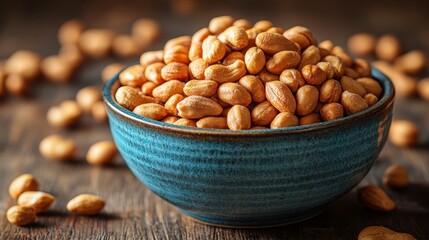 Bowl of roasted nuts, slightly blurred background, natural light, wooden table