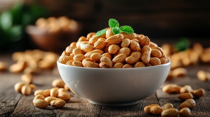 Peanuts filled bowl with green leaf garnish atop, sitting on a wooden table