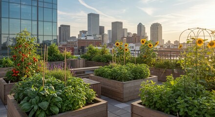 Fototapeta premium Urban Oasis: A vibrant rooftop garden flourishes against the backdrop of a modern cityscape, a testament to urban sustainability. A fusion of natural beauty and architectural modernity.