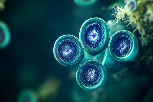 Abstract representation of cellular structures with swirling blue patterns, suggesting scientific research or microscopic life