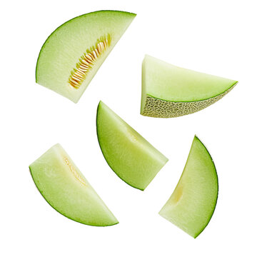 Fresh green melon slices arranged artistically, showcasing their juicy texture and vibrant color, perfect for summer dishes