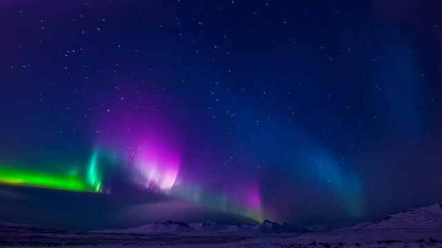 Spectacular aurora borealis illuminates the night sky over a snowy landscape, with vibrant green and purple hues visible.