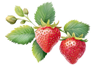 Two red strawberries with green leaves and buds on a black background in a watercolor painting style