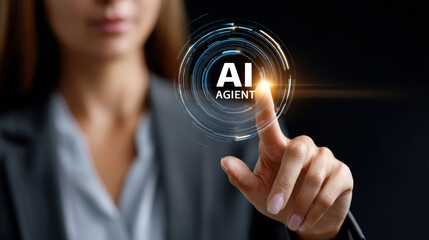 Business woman interacting with virtual screen, showcasing advanced technology and innovation in artificial intelligence