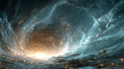 Interstellar blue light tunnel with glowing particles, deep space concept art - Powered by Adobe