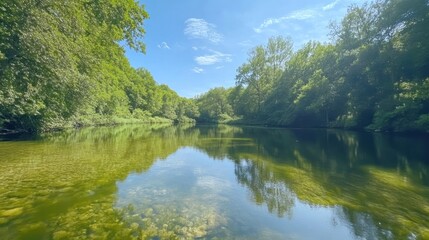 Idyllic river scenery with lush green banks and serene reflections of nature