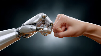Robot hand and human hand are performing fist bump, symbolizing unity and collaboration between technology and humanity