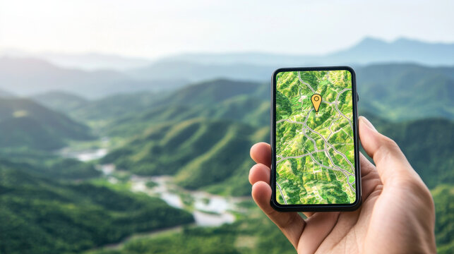 Exploring nature with smartphone displaying GPS map, showcasing scenic landscape with mountains and greenery