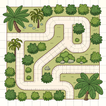 Create a bold, vector illustration of a stylized MOBA game map layout with clearly defined lanes, jungle areas, and base locations.