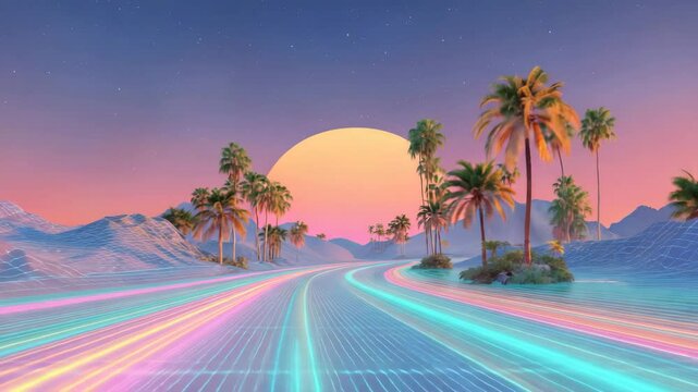 Vaporwave-inspired warp tunnel, pastel neon streaks, surreal retro-future theme