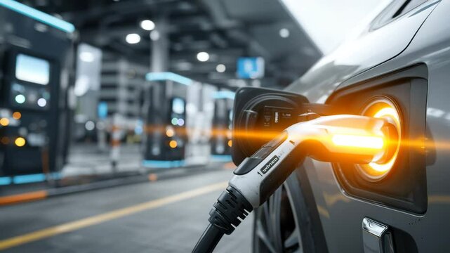 Detailed macro shot of EV charger head plugged into port, soft bokeh of charging station behind, hyperrealistic automotive energy theme