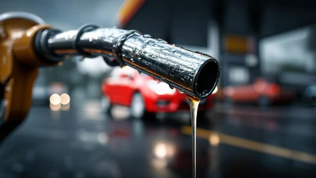 Fuel dispenser nozzle releasing a droplet of gasoline, realistic metallic texture, shallow depth of field, petrol station background, macro photography style