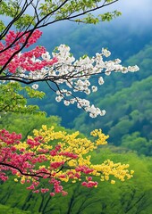 Aerial drone footage capturing the tranquil beauty of a lush spring forest with vibrant greenery and peaceful natural scenery.