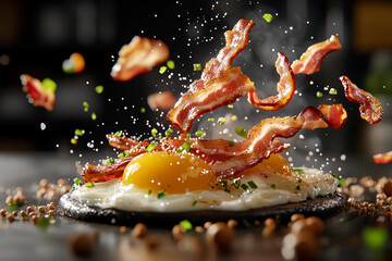 Dynamic motion of floating yolks and bacon strips in a vibrant, high-energy oil painting representing the rotation of ingredients around an invisible axis, creating a dynamic culinary scene