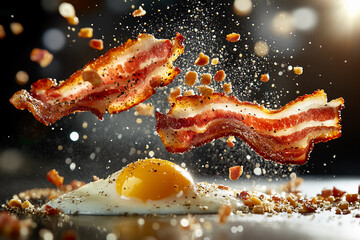 Dynamic motion of floating yolks and bacon strips in a vibrant, high-energy oil painting representing the rotation of ingredients around an invisible axis, creating a dynamic culinary scene