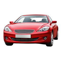 A front view of a shiny red sports car with alloy wheels parked against a black background in a studio