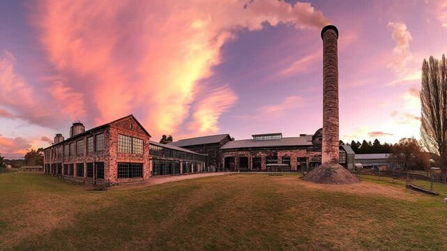 Panoramic view of an old factory at sunset with vibrant clouds and green grass foreground