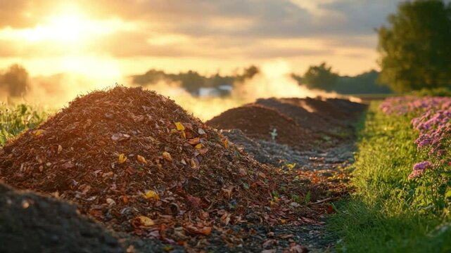 Fertile Ground: A breathtaking tableau of nature unfolds as a pile of compost is illuminated by the soft glow of sunlight, while steam drifts gently across the fertile soil in an immersive display.