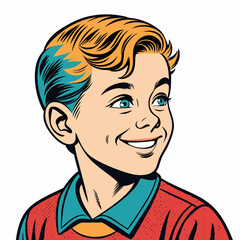 Create a bold, vector illustration of a pop art style comic book boy with a striking, thick outline.  Include vibrant colors and Ben-Day dots.