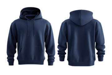 A front and back view of a navy blue hoodie with a hood and a pocket on a black background shown isolated