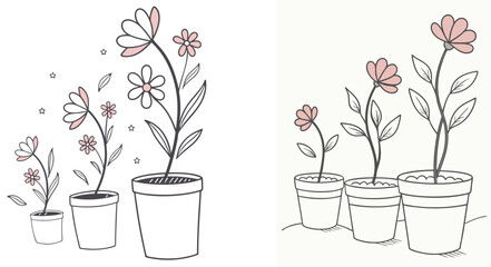Floral growth stages in pots hand drawn vector illustrations displaying flower development and minimalist botanical design