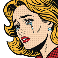 Create a vector illustration of a bold-lined, Pop Art style woman with exaggerated features, dramatically crying.  Emphasis on strong outlines and vibrant colors.