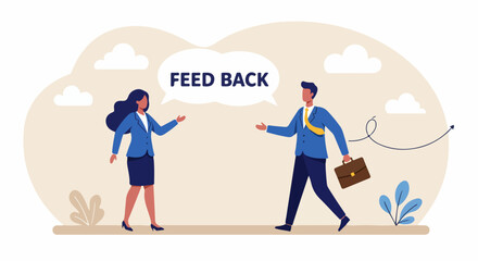 A colorful vector illustration depicting two business professionals engaging in feedback communication in an outdoor setting under a clear sky.