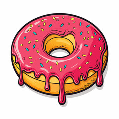 Create a bold, vector illustration of a pop art donut with vibrant, contrasting colors and a thick, outlined stroke.  Include sprinkles.
