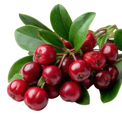 A cluster of vibrant red cranberries with green leaves against a transparent background close up view