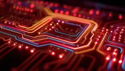 High-tech circuit board highlighted by neon lighting, emphasizing its intricate design.